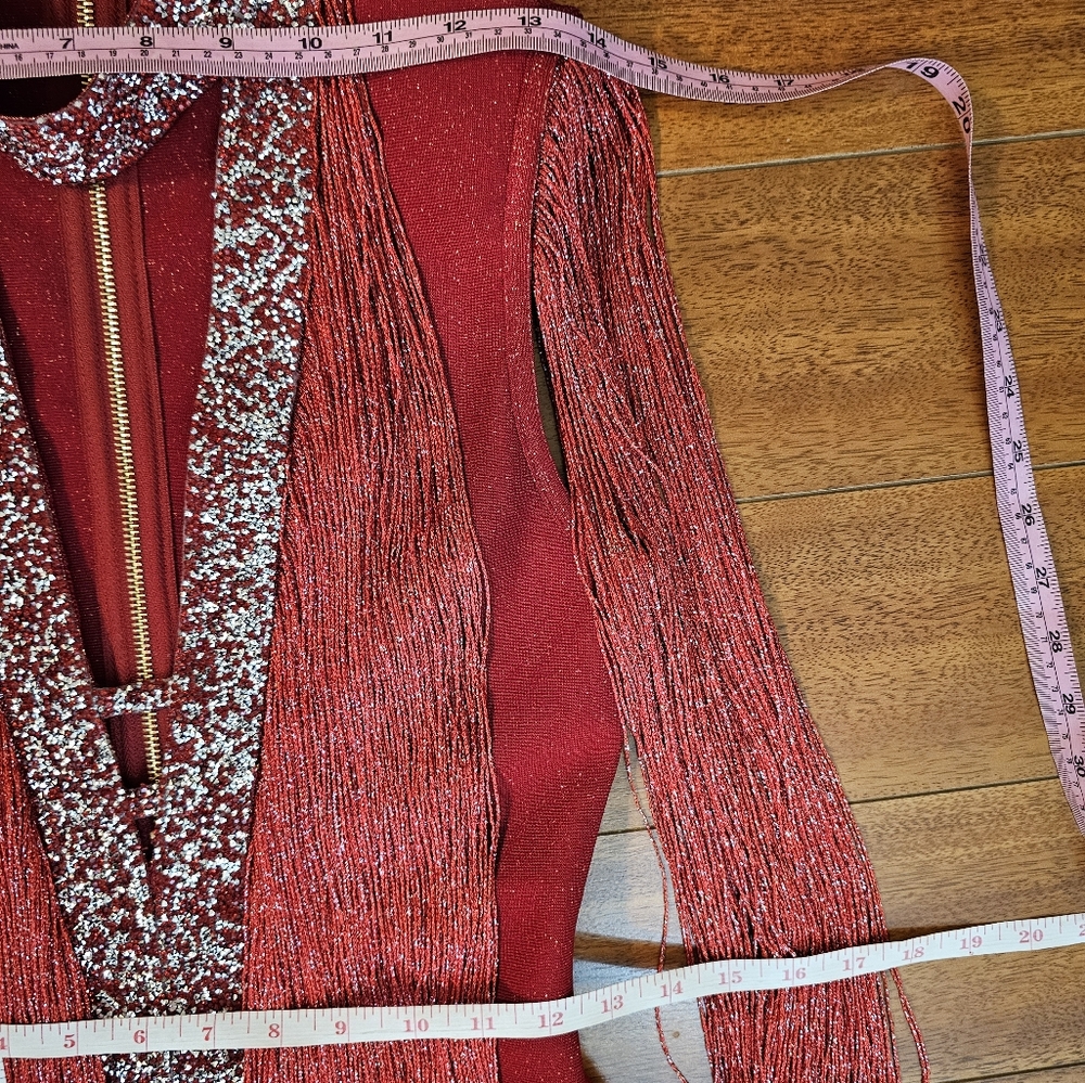 Anewsta Fringe Bodycon Evening Cocktail Dress Size S EU 36 US 4 Deep V Sparkle - Picture 15 of 16